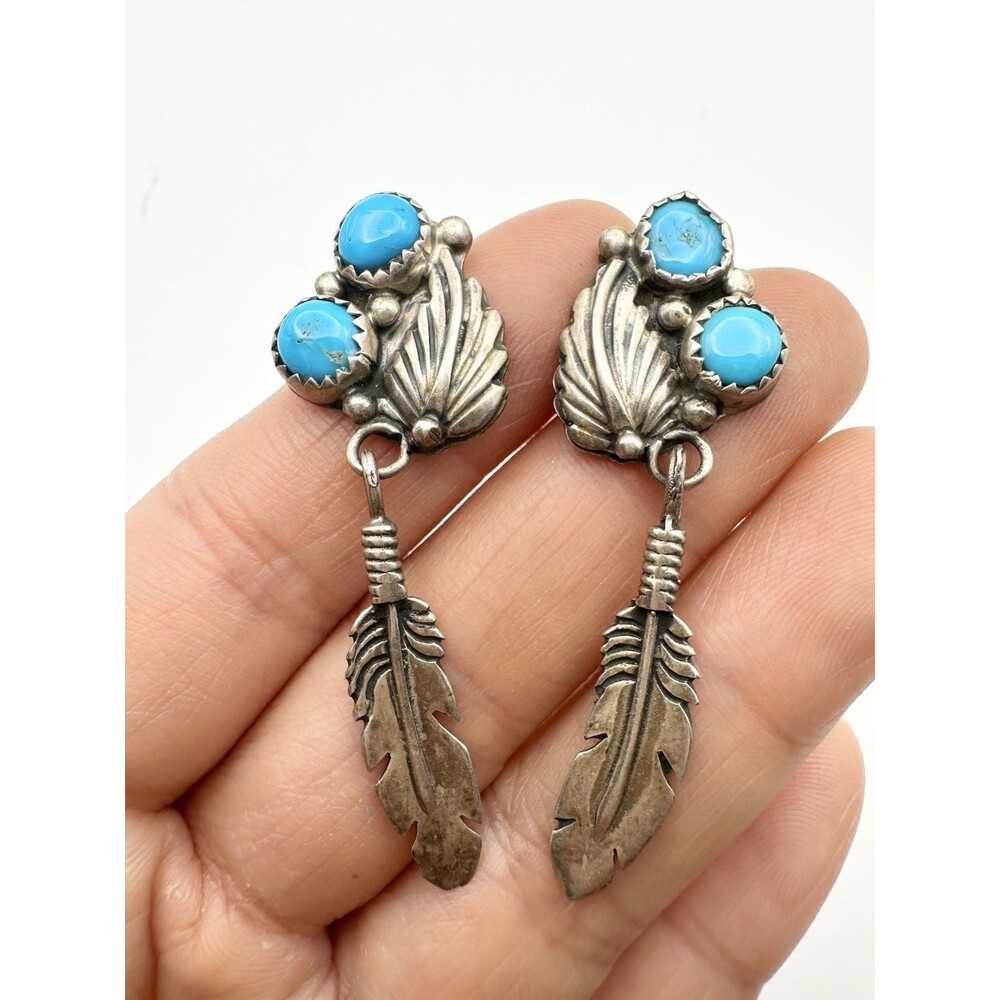 NAVAJO Signed RB TURQUOISE DANGLES STERLING SILVER EARRINGS FEATHER - For Repair